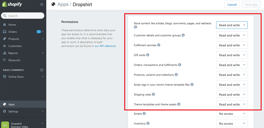 Set the APP permissions