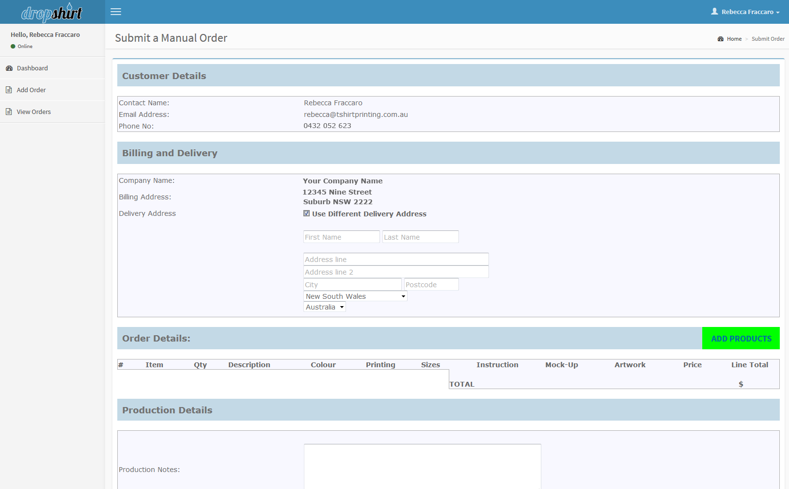 Submit a manual order to a different address