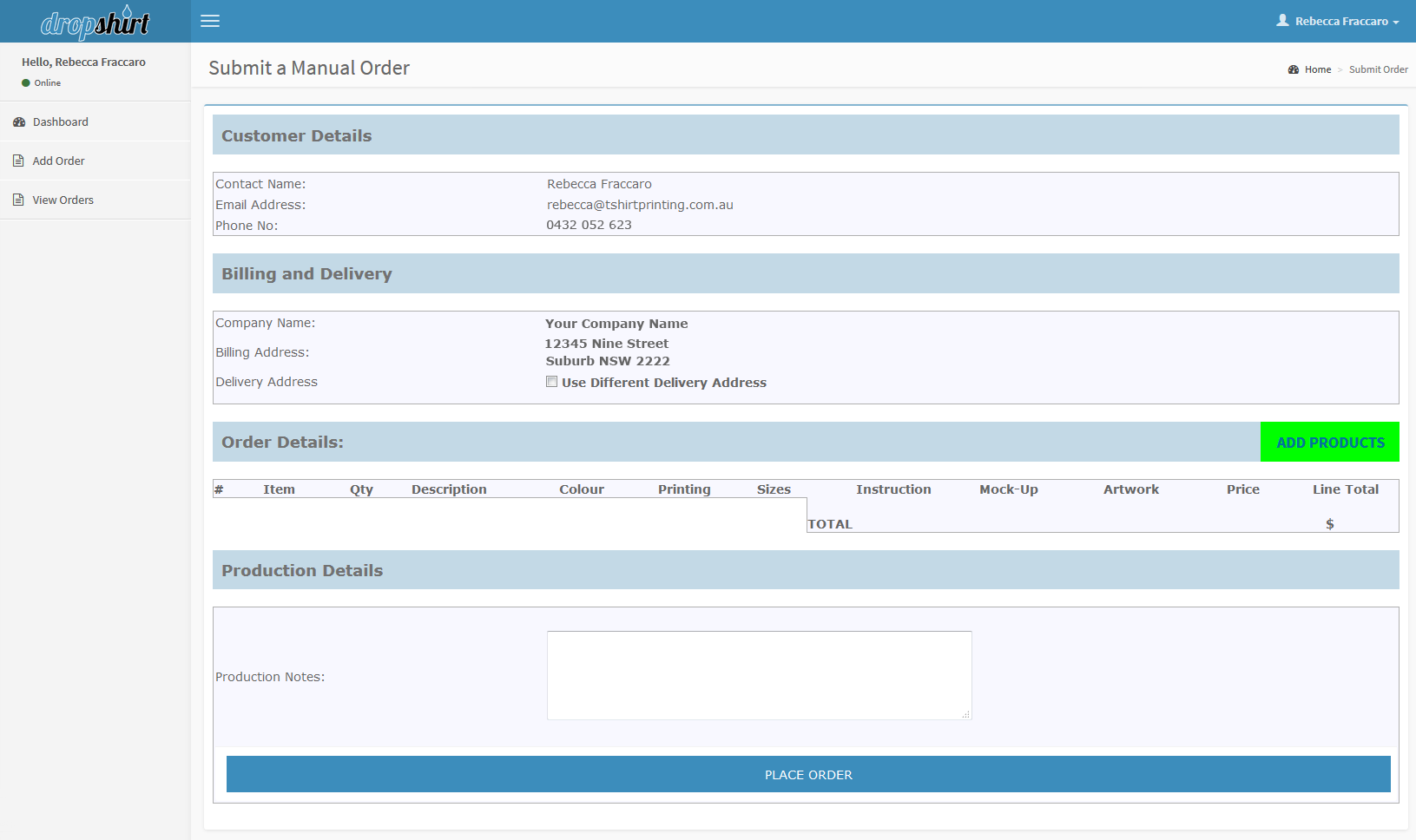 Submit a manual order form