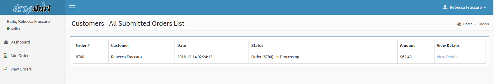 Viwe submitted orders