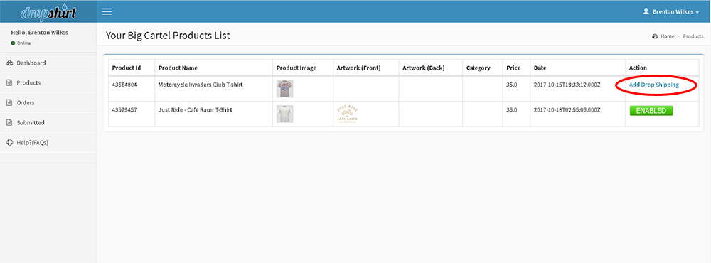 bigcartel-products-view-highlighted click to enable drop shipping on the big cartel product