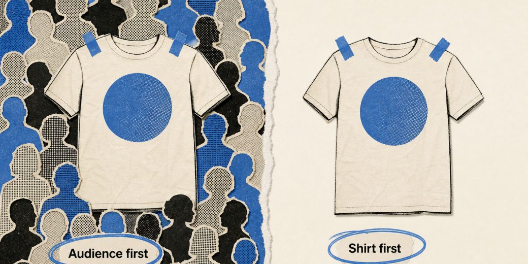 Split collage: a t-shirt surrounded by a crowd of paper figures beside an identical shirt standing alone