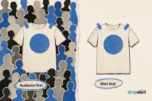 Split collage: a t-shirt surrounded by a crowd of paper figures beside an identical shirt standing alone