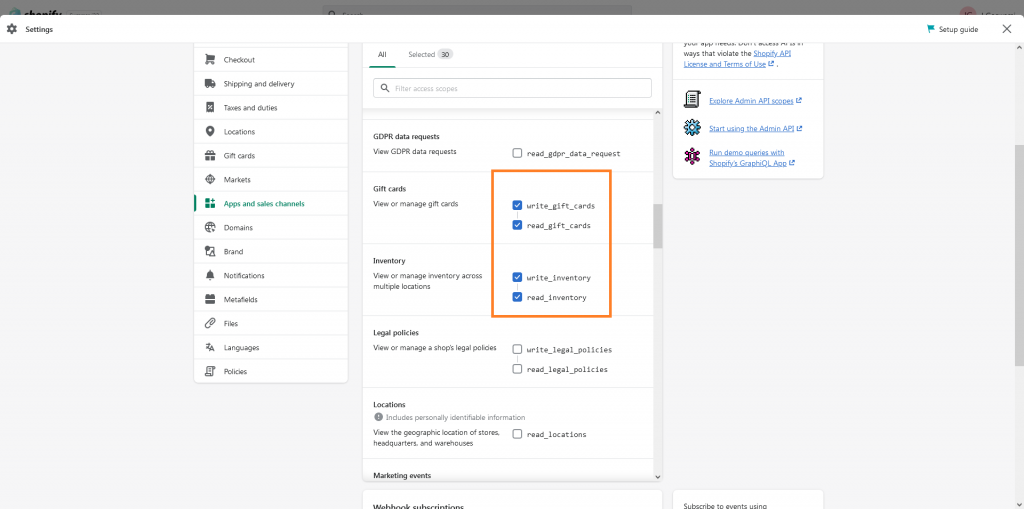 shopify-private-app-permissions settings