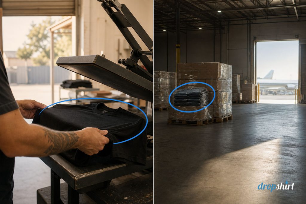 Split image: a tee coming off an Australian press beside one stacked on an overseas freight pallet