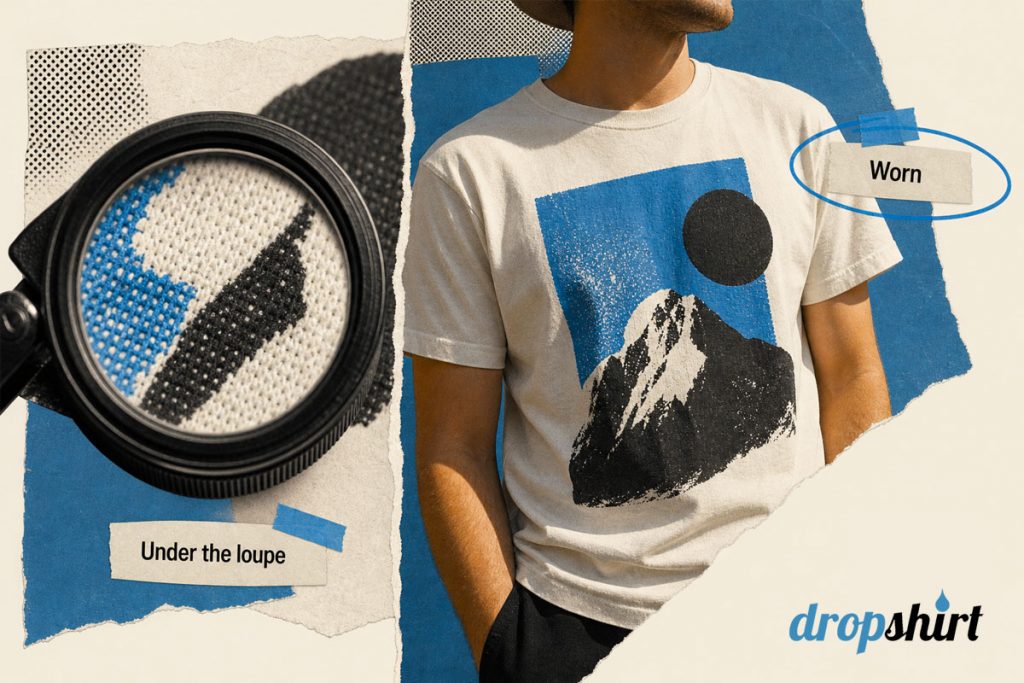 Split collage contrasting a t-shirt print magnified under a loupe with the same shirt worn and looking good.