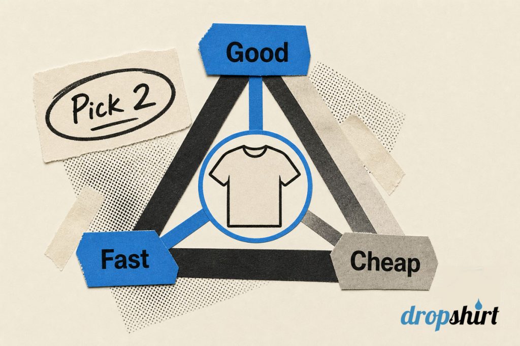 Good, fast, cheap triangle showing the trade-off, with print on demand reaching all three corners.