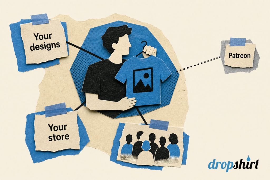 Network with a creator owning their designs, store and audience at the centre, and Patreon a small outer node.